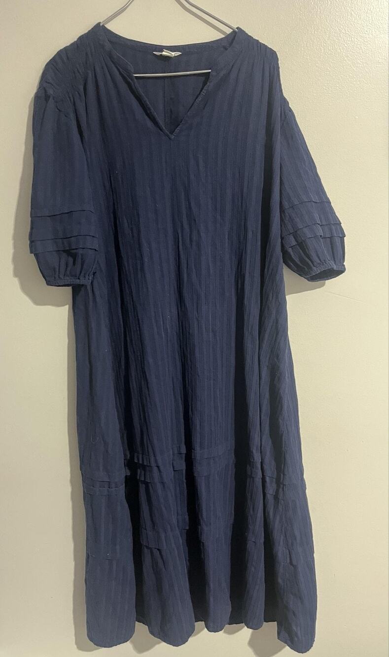 Caslon Dress Womens S Blue Maxi Shift 3/4 Puff Sleeve V-Neck Pleated Striped